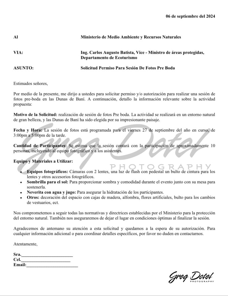 Carta de solicitud de permiso para sesión de fotos en las Dunas de Bani en República Dominicana por Greg Dotel Photography